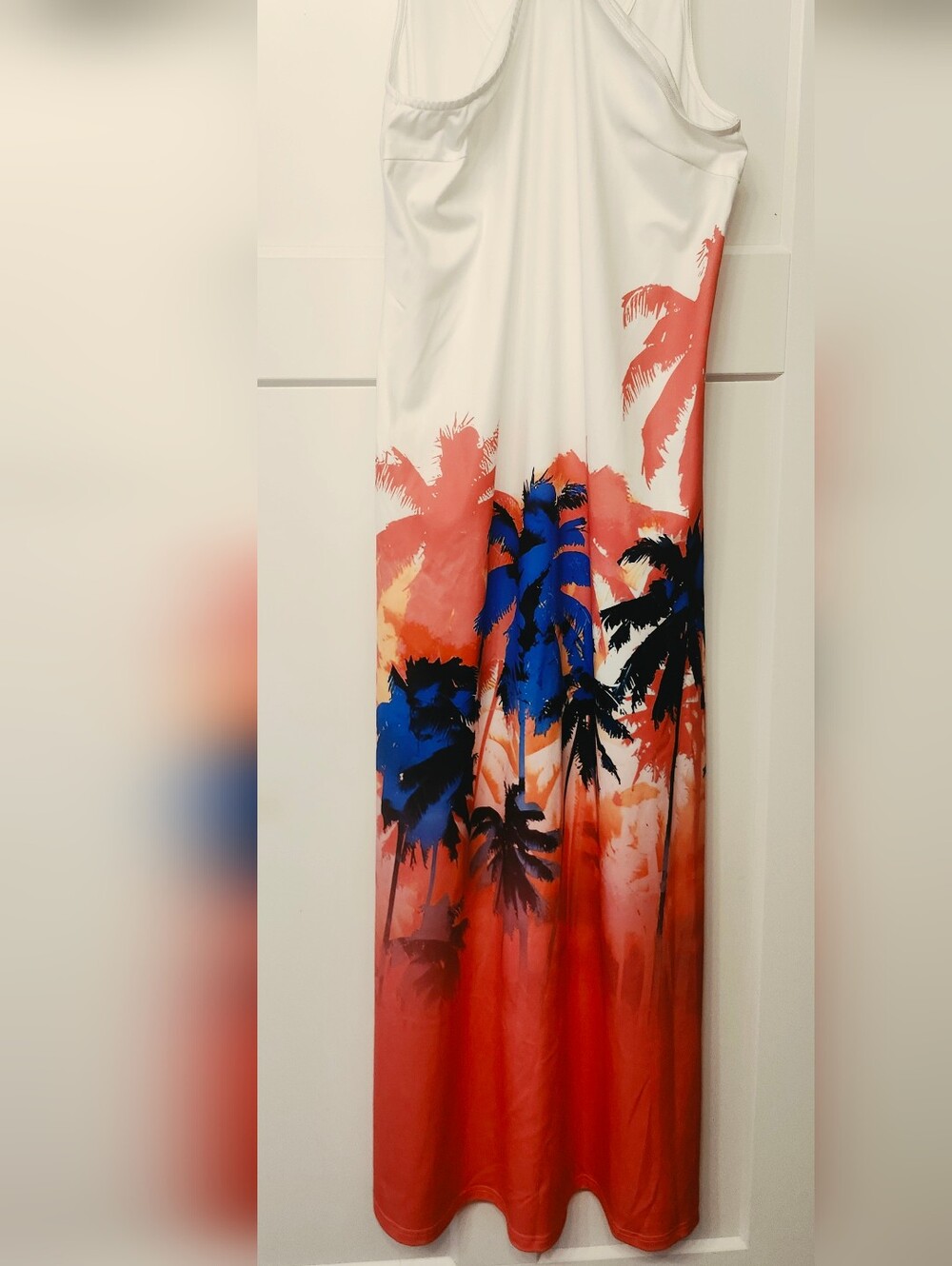 Tropical Palm Print Maxi Dress in White, Coral & Blue